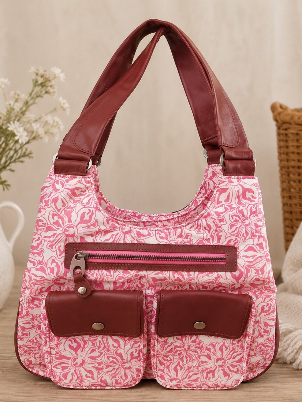 Mosey Pink Floral Satchel Shoulder Bag Multi Pocket Faux Leather Trim